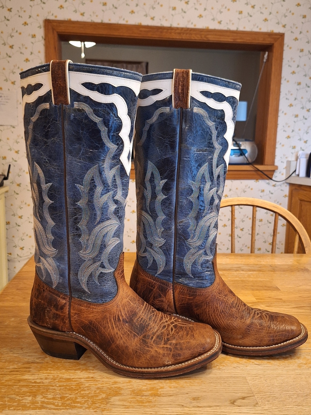 Men's BOULET Blue and Brown Western Cowboy Boots - Leather Pull-On - Picture 2 of 14